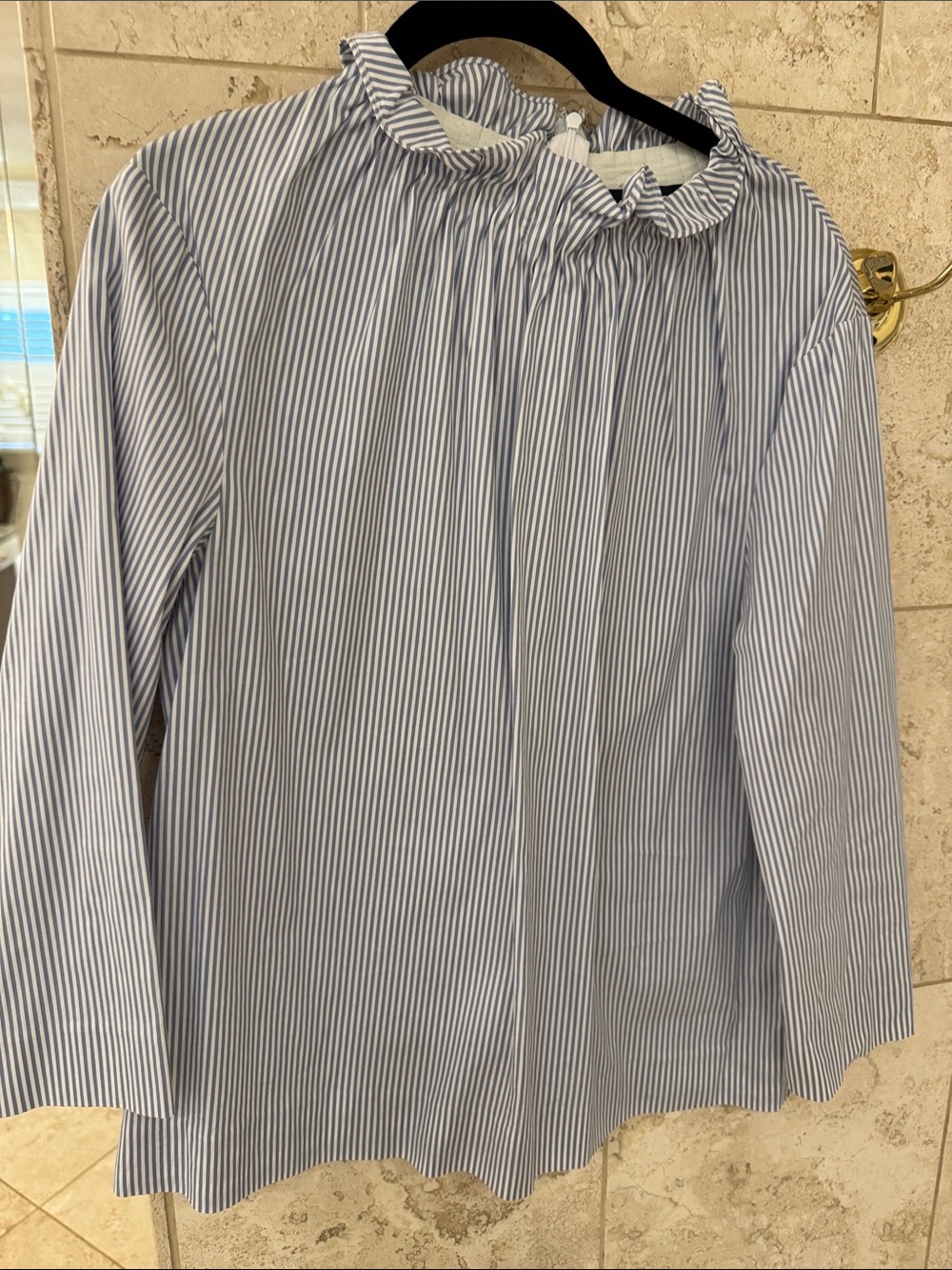 Halogen Blue and White Striped Ruffle-Neck Blouse